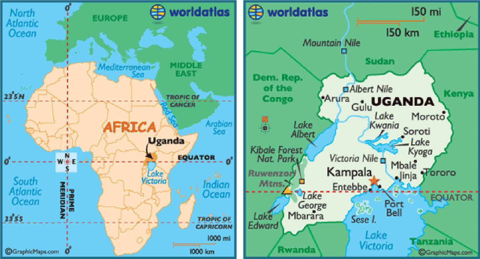 Mappa dell’Africa e dell’Uganda (Foto: http://www.worldatlas.com)